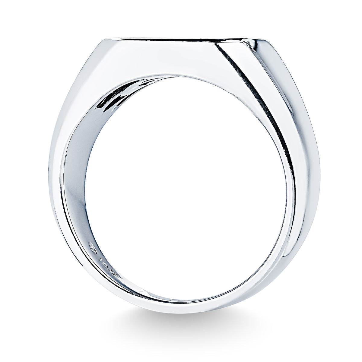 Experience the contemporary elegance of the Raffi&Co.® 10K White Gold Onyx with Diamond Men's Fashion Ring. This sophisticated piece features a flat, angular top and a smooth, polished finish, complemented by its wide band and minimalist design.