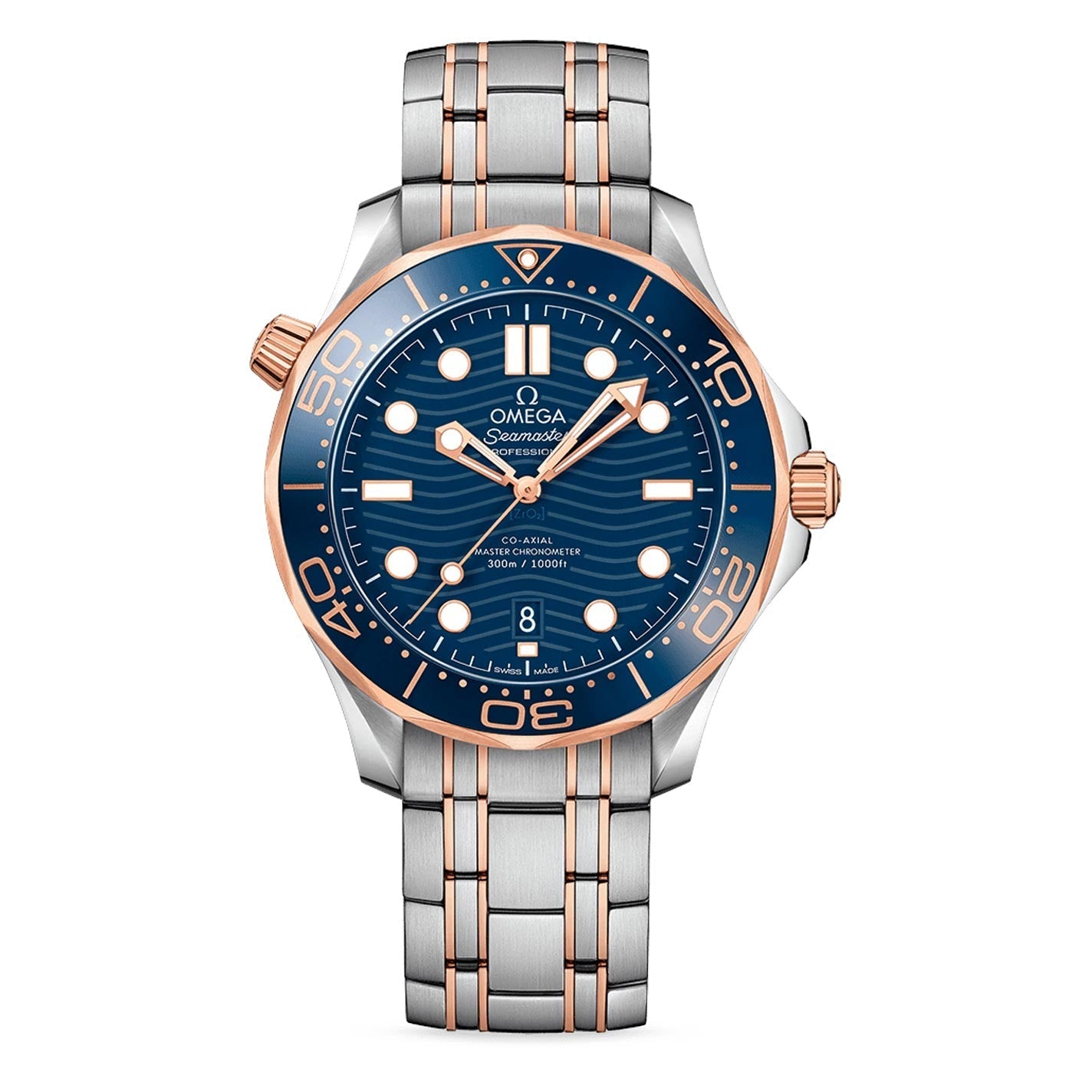 Introducing the OMEGA Seamaster Diver 300M Co-Axial Master Chronometer 42mm Watch by OMEGA, this luxury timepiece showcases a stainless steel and rose gold band with a striking dark blue dial. It features luminous hour markers, a date window, and is equipped with a unidirectional Ceragold™ diving scale bezel highlighted by elegant gold accents. At its core is the precision-driven OMEGA Master Chronometer Calibre 8800 movement.