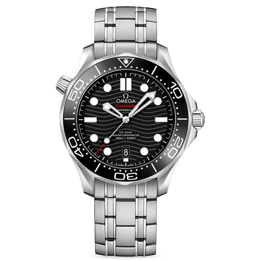 The OMEGA Seamaster Diver 300M Co-Axial Master Chronometer 42mm watch is a silver wristwatch featuring a black wave-patterned dial with white hour markers and a date display at 6 o'clock. It includes a stainless steel bracelet and sports a unidirectional black bezel with white markings.