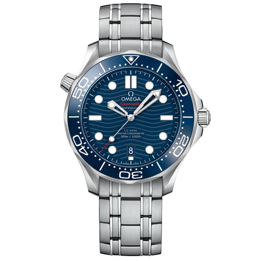 The OMEGA Seamaster Diver 300M Co-Axial Master Chronometer 42mm watch, by OMEGA, features a vibrant blue dial and a durable stainless steel bracelet. It offers luminescent hour markers, a date display, and a unidirectional rotating bezel with white numerals, ensuring water resistance up to 300 meters.