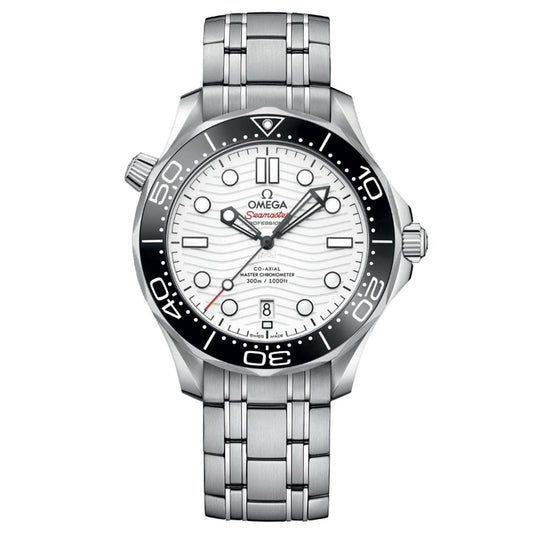 The OMEGA Seamaster Diver 300M Co-Axial Master Chronometer 42mm Watch is a silver timepiece featuring a white wave-patterned dial and an eye-catching black bezel with diving markings. It boasts a stainless steel bracelet and displays the date, alongside prominent Omega branding on the dial.