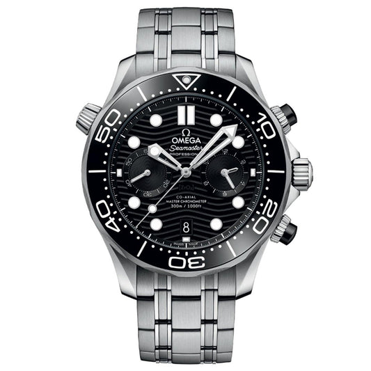 The OMEGA Seamaster Diver 300M Co-Axial Master Chronometer Chronograph 44mm watch in silver showcases a black dial with white hour markers and a date display positioned at 6 o'clock. It features three sub-dials and is complemented by a durable stainless steel bracelet, embodying the precision typical of an OMEGA Master Chronometer.