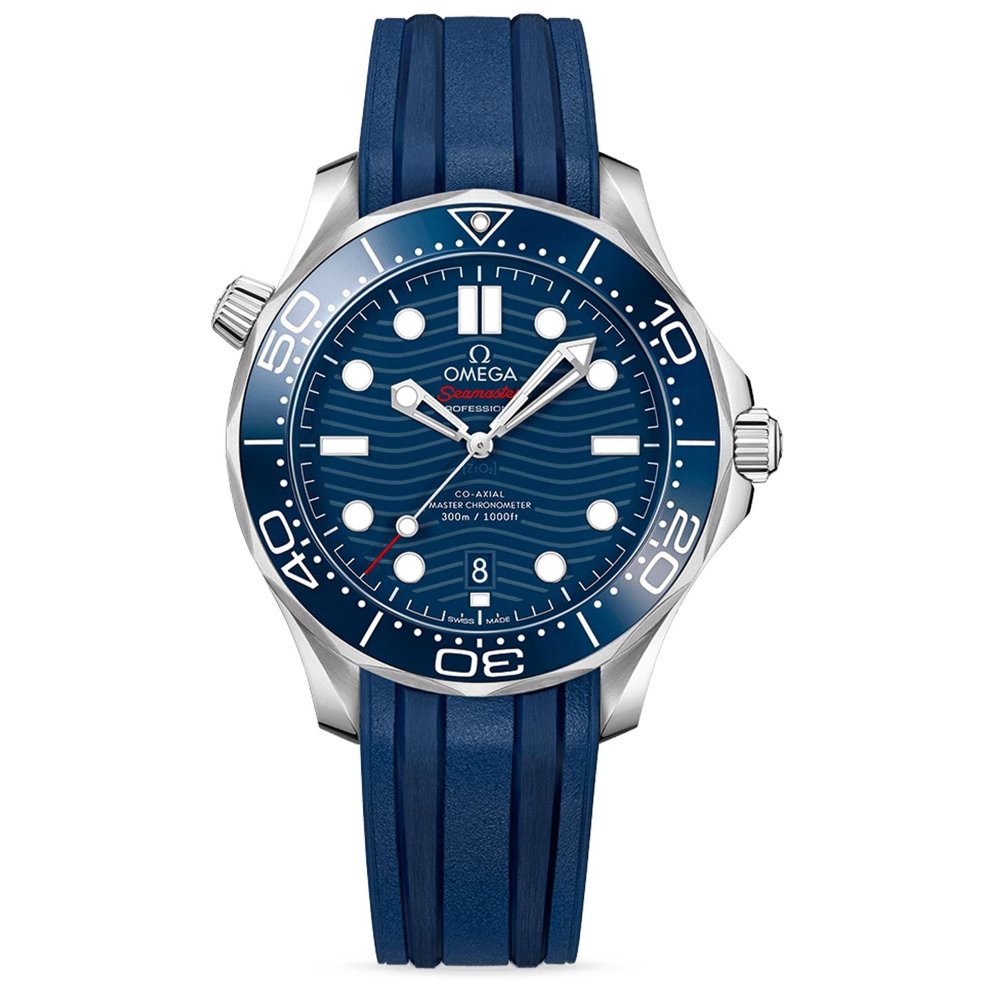 The OMEGA Seamaster Diver 300M Co-Axial Master Chronometer 42mm Watch by OMEGA showcases a round stainless steel case, an eye-catching blue dial with a wave pattern, white hour markers, and a date display. It is enhanced by a blue ceramic bezel and rubber strap, powered by the OMEGA Master Chronometer Calibre 8800. This timepiece is water-resistant up to 300 meters.