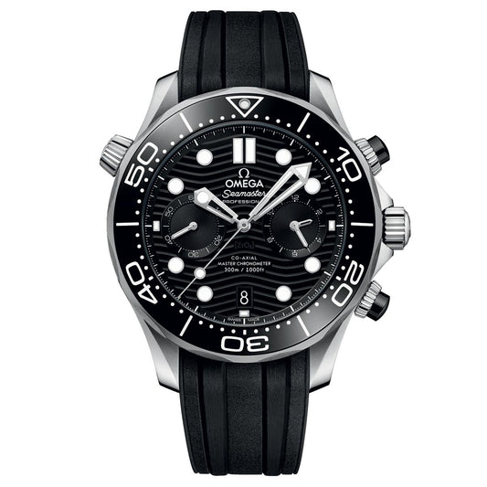 The OMEGA Seamaster Diver 300M Co-Axial Master Chronometer Chronograph 44mm Watch showcases a black and silver design with a round face and black rubber strap. It features white hour markers, three subdials, and bold white numerals on the polished black ceramic bezel. The brand name "OMEGA" is prominently displayed on the dial.