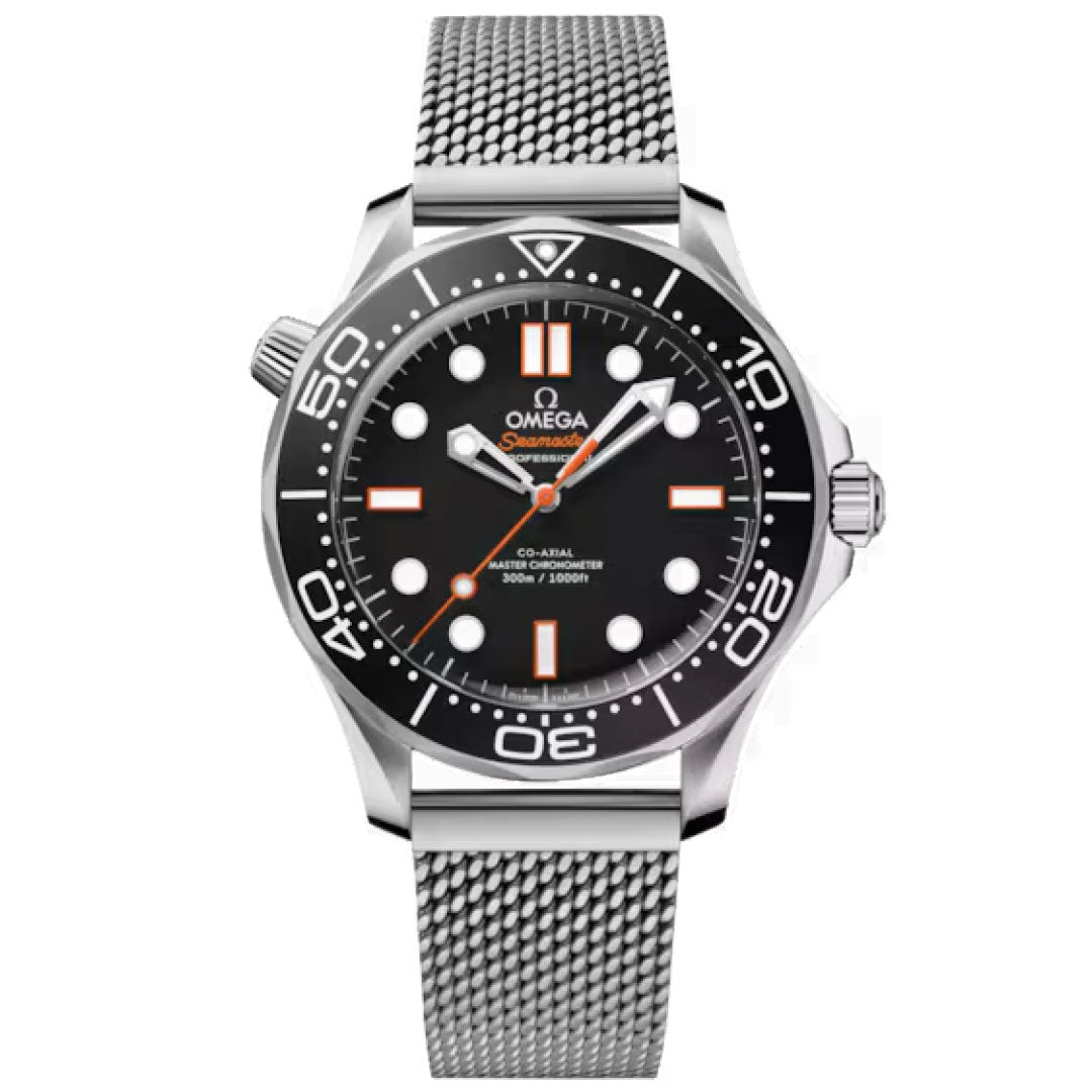 The OMEGA Seamaster Diver 300M Co-Axial Master Chronometer 42mm Watch features a stainless steel mesh band, black dial with large white hour markers, orange accents, rotating bezel, and displays 300m/1000ft water resistance.