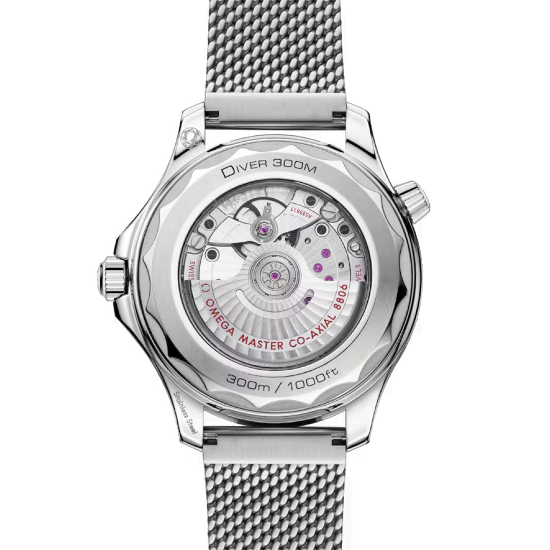 The OMEGA Seamaster Diver 300M Co-Axial Master Chronometer 42mm watch displays its precise movement through a transparent case back, with "OMEGA MASTER CO-AXIAL 8806" and "300m / 1000ft" engraved on the stainless steel.