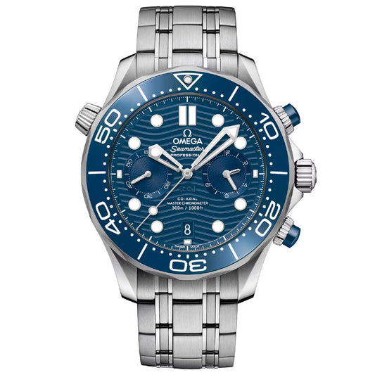 The OMEGA Seamaster Diver 300M Co-Axial Master Chronometer Chronograph 44mm Watch features a stainless steel case, blue ceramic bezel, blue dial with white markers, three subdials, date window at 6, and two right-side pushers.