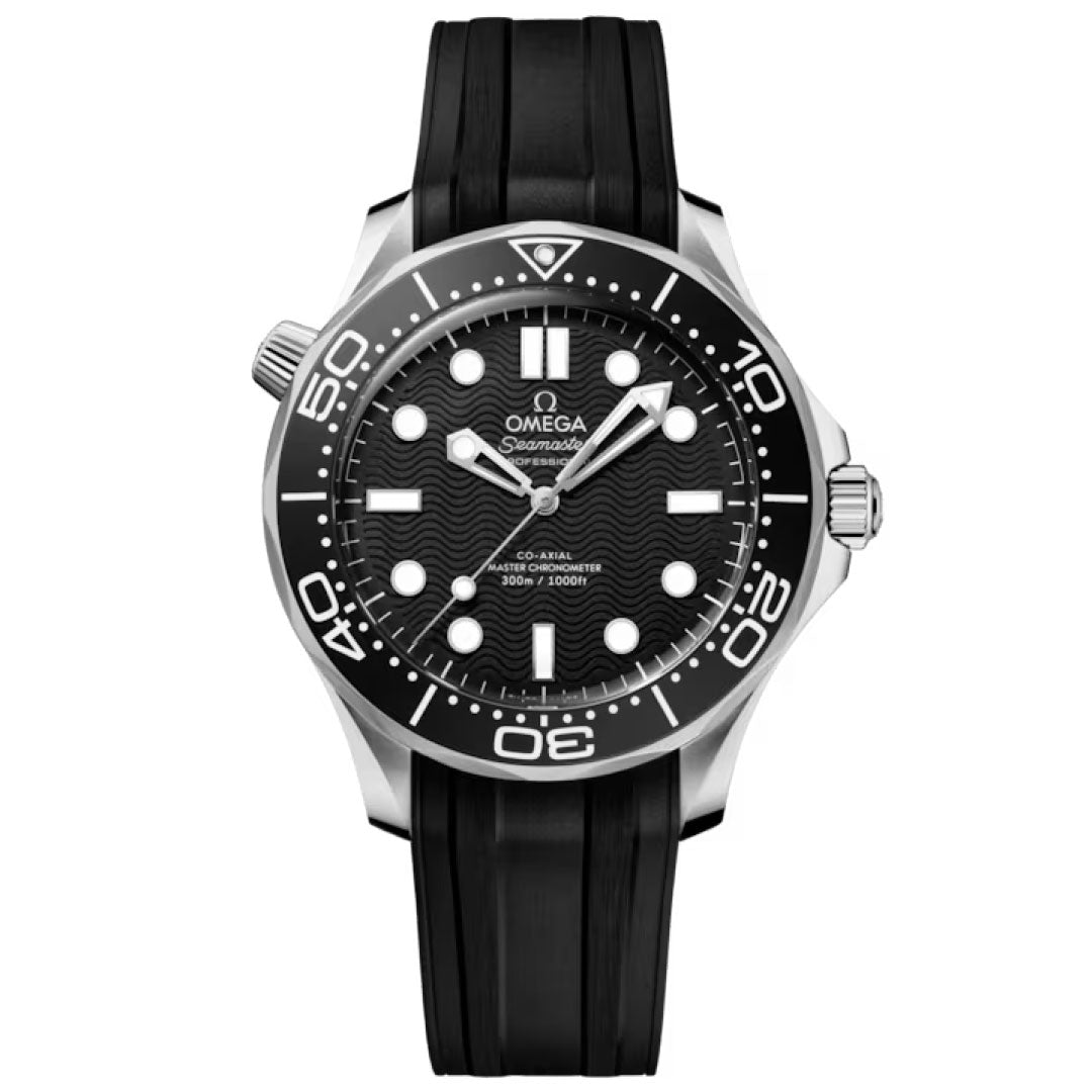 The OMEGA Seamaster Diver 300M Co-Axial Master Chronometer 42mm Watch features a black wave-pattern dial, white hour markers and hands, stainless steel case, black rubber strap, rotating bezel, and helium escape valve at 10 o’clock.