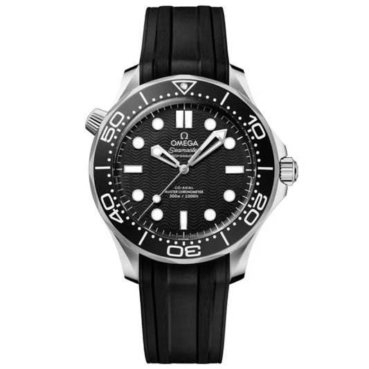 The OMEGA Seamaster Diver 300M Co-Axial Master Chronometer 42mm Watch features a black wave-pattern dial, white hour markers and hands, stainless steel case, black rubber strap, rotating bezel, and helium escape valve at 10 o’clock.