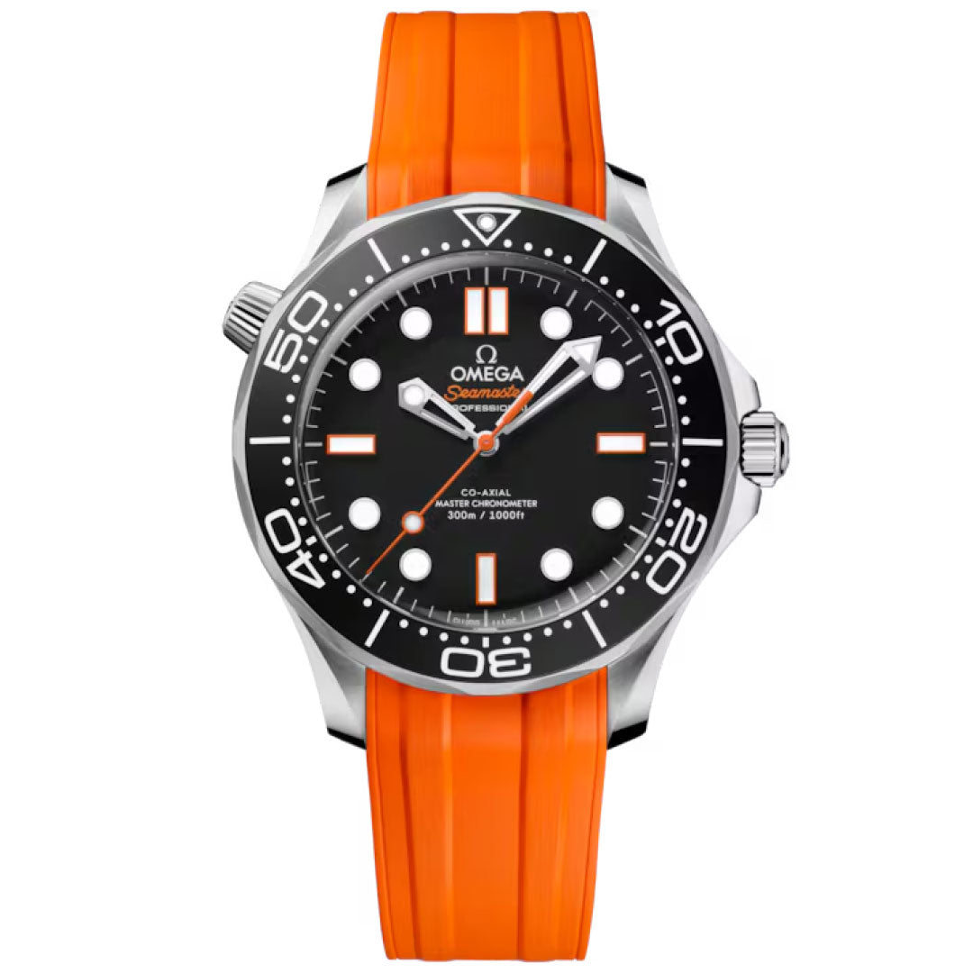 The OMEGA Seamaster Diver 300M Co-Axial Master Chronometer 42mm Watch features a silver case, black dial with white markers and orange accents, an orange rubber strap, and a rotating bezel with numerals.