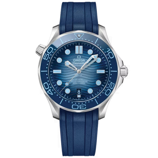 Immerse yourself in elegance with the OMEGA Seamaster Diver 300M Summer Blue Co-Axial Master Chronometer 42mm Watch. This sophisticated timepiece features a wave-patterned face, complemented by silver accents and a blue rubber strap. It is equipped with a rotating bezel, luminous hour markers, and houses the Co-Axial Master Chronometer calibre 8800.