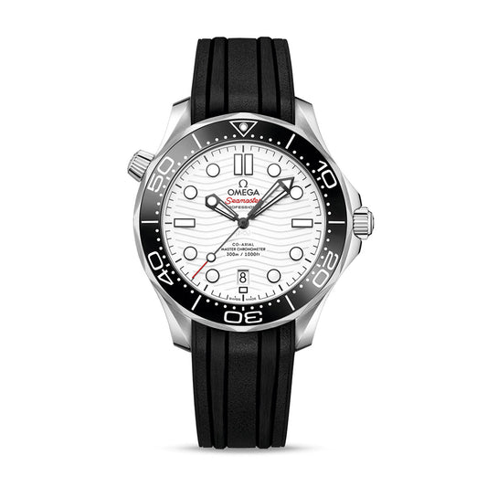 The stylish OMEGA Seamaster Diver 300M Co-Axial Master Chronometer 42mm watch from OMEGA showcases a white face, a bezel with black and silver diving details, and striking red accents. It includes luminescent hour markers, a date display, and comes with a robust black rubber strap. Made of stainless steel, the watch is water-resistant up to 300 meters.