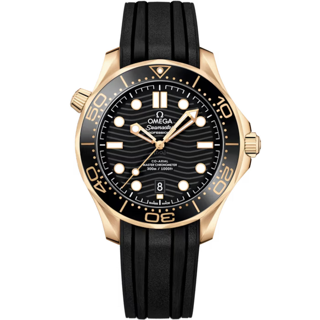 The OMEGA Seamaster Diver 300M Co-Axial Master Chronometer 42mm Watch features a black wave-patterned dial with white indices, black bezel with gold markings, and a black rubber strap. Water resistant to 300m.