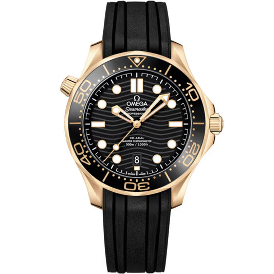 The OMEGA Seamaster Diver 300M Co-Axial Master Chronometer 42mm Watch features a black wave-patterned dial with white indices, black bezel with gold markings, and a black rubber strap. Water resistant to 300m.
