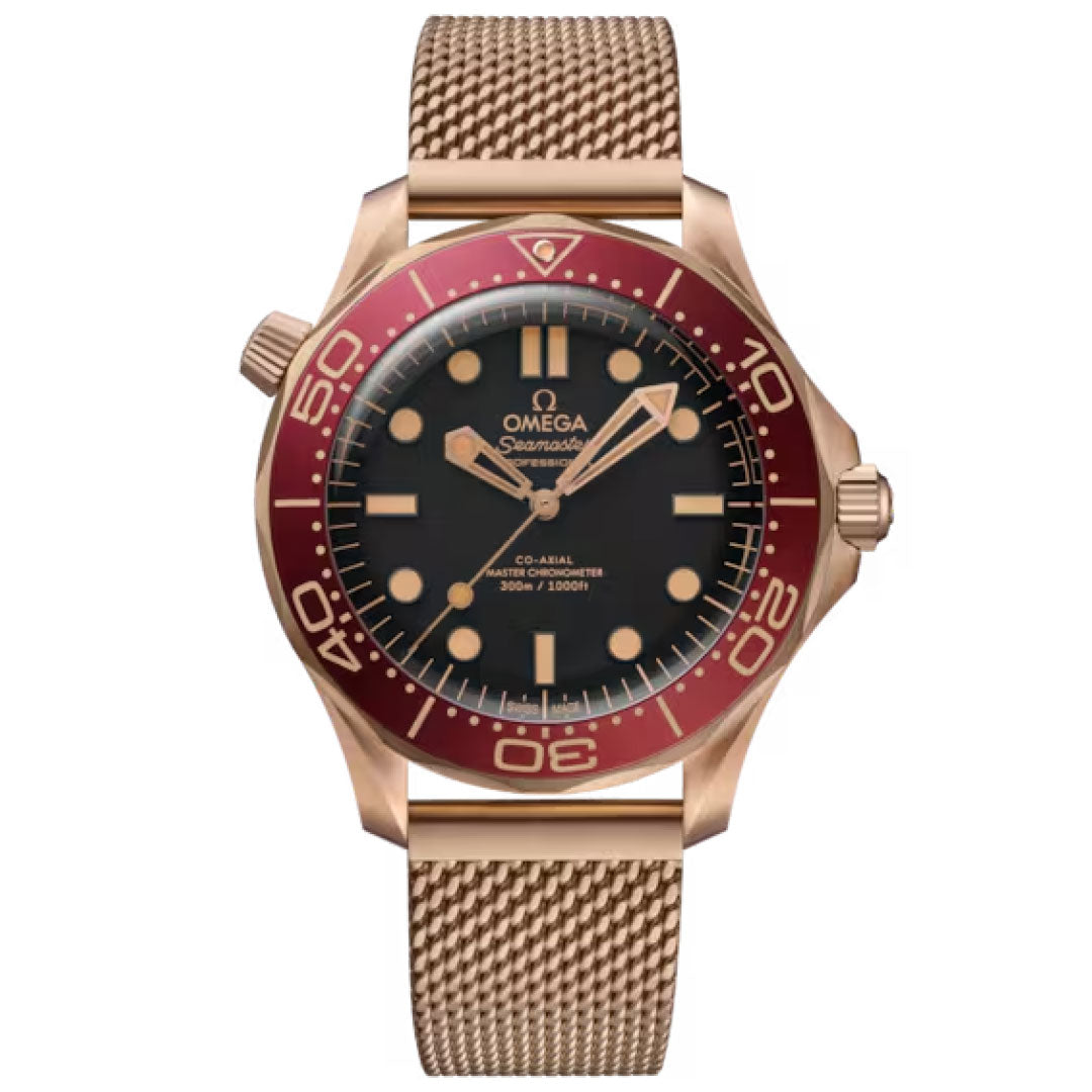 An OMEGA Seamaster Diver 300M Co-Axial Master Chronometer 42mm Watch with a Bronze Gold case, red bezel, black dial, gold hour markers, and bronze mesh strap is displayed against a white background.