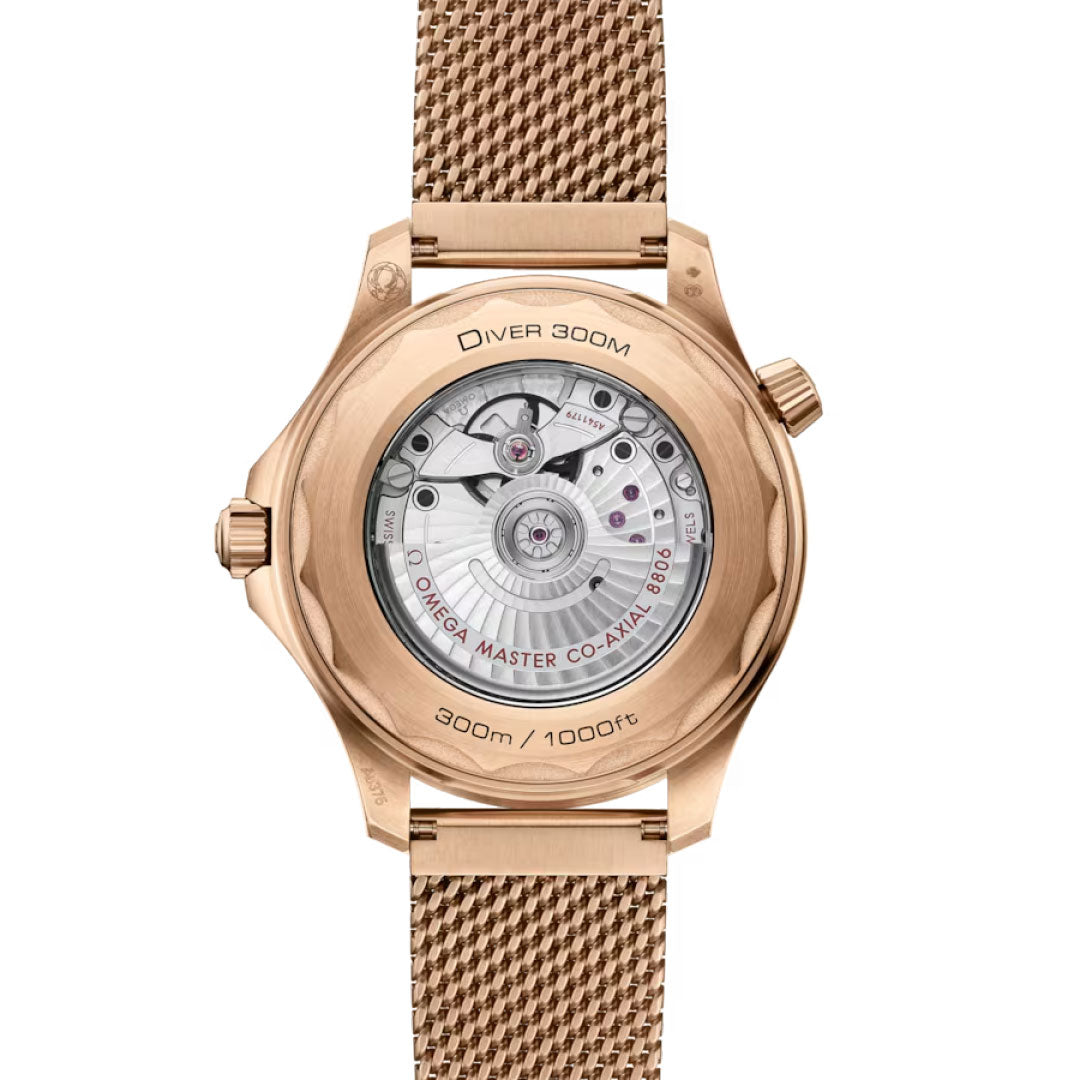 Back view of the OMEGA Seamaster Diver 300M Co-Axial Master Chronometer 42mm Watch, revealing its Master Chronometer movement through a transparent caseback and engraved “300m/1000ft” water resistance.