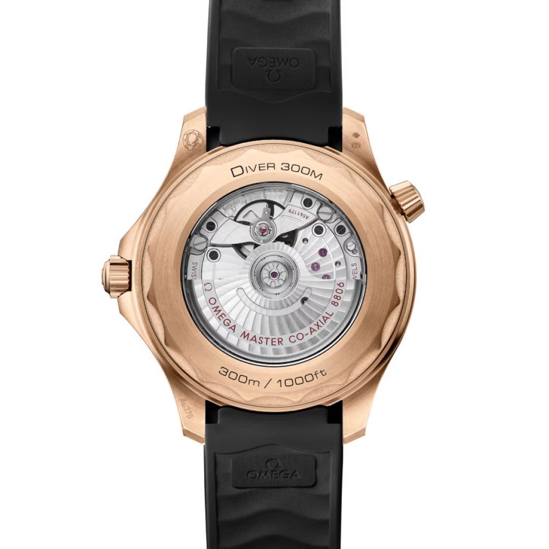 Back view of the OMEGA Seamaster Diver 300M Co-Axial Master Chronometer 42mm Watch, featuring a transparent case back revealing the Calibre 8806 movement. The elegant black strap complements the Bronze Gold case by OMEGA.