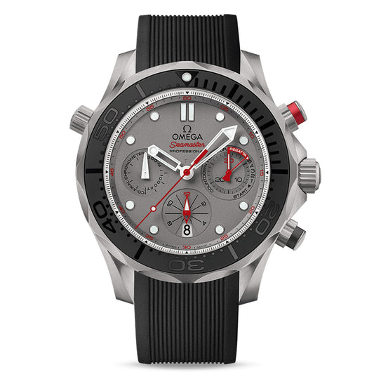 The OMEGA Seamaster Diver 300M Co-Axial Chronometer Chronograph 44mm Watch showcases a stylish gray dial with multiple chronograph subdials, complemented by a black bezel adorned with numeric markings. It features a black rubber strap, while the red accents on the subdials and pushers highlight its design, along with the iconic OMEGA logo prominently displayed on the dial. This timepiece is powered by the OMEGA Co-Axial calibre 3330.