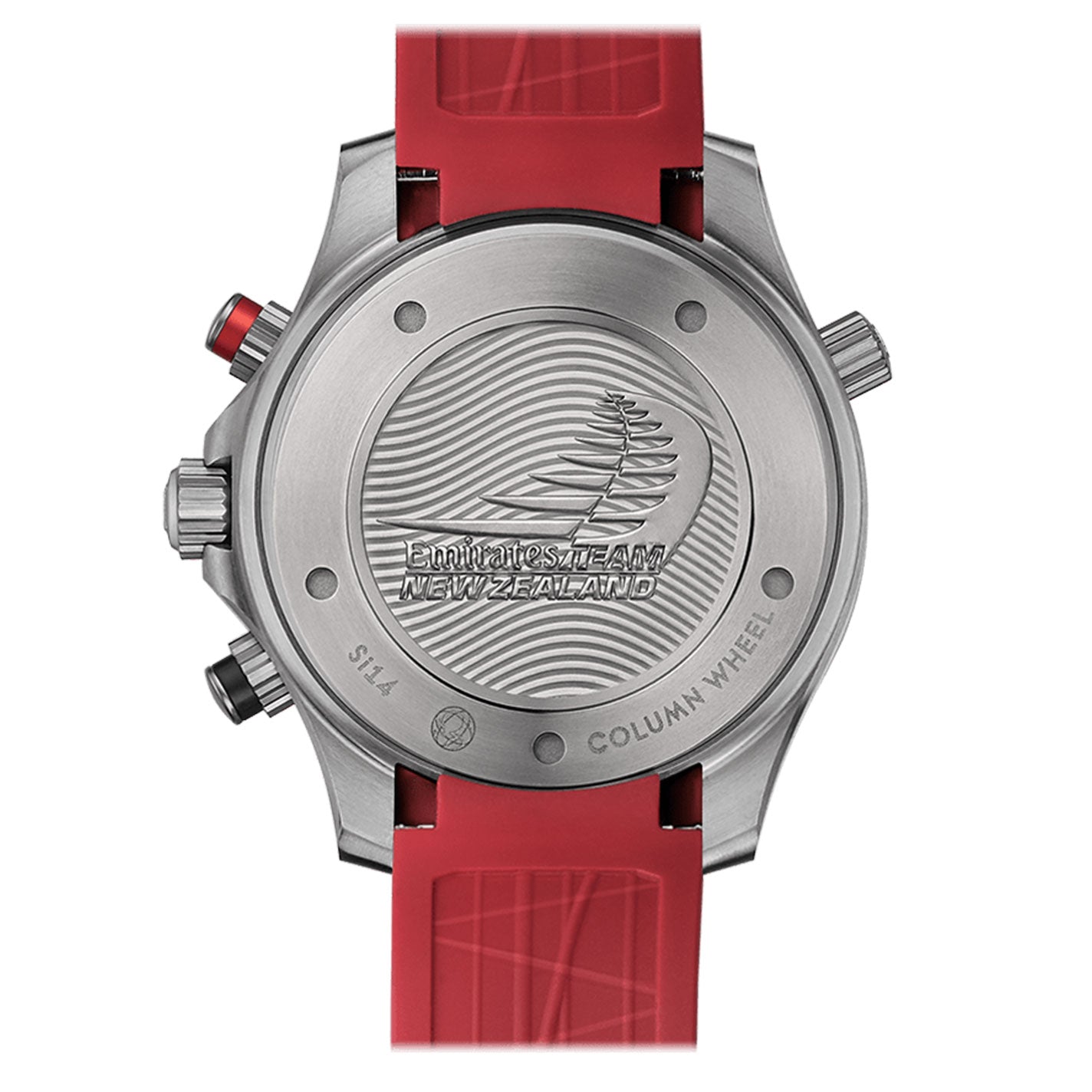 The image highlights the back of an OMEGA Seamaster Diver 300M Co-Axial Chronometer Chronograph 44mm Watch, adorned with a red strap and showcasing a detailed engraving of a stylized wave alongside the text "EMIRATES TEAM NEW ZEALAND." This timepiece, fitted with the OMEGA Co-Axial calibre 3330 and chronograph functions, features buttons and dials integrated into its metal casing.