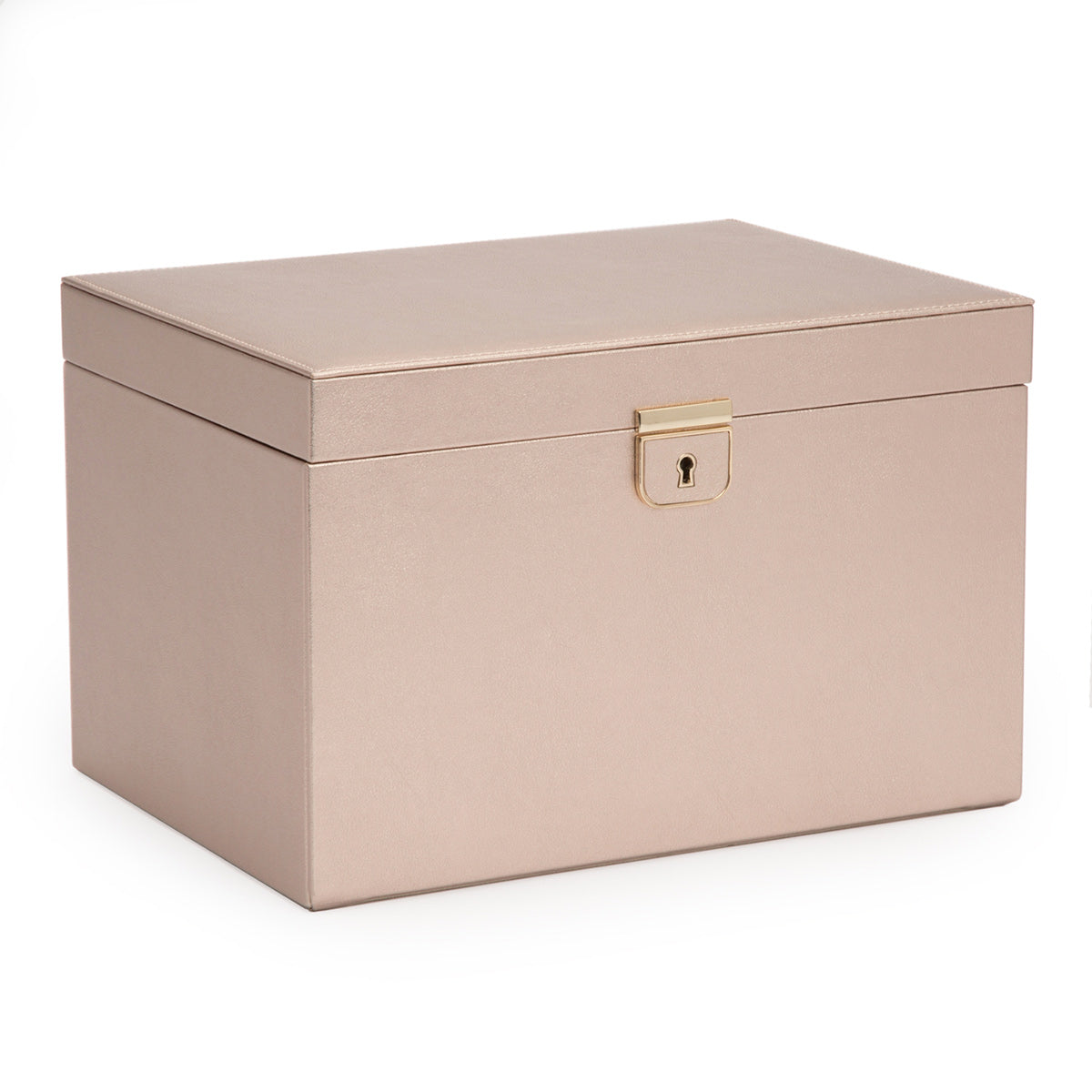 The WOLF 1834 Palermo Large Jewellery Box is a sophisticated storage option, featuring a beige exterior with a glossy finish. It includes LusterLoc anti-tarnish lining and elegant gold recessed locks, offering both practicality and elegance against the white backdrop.