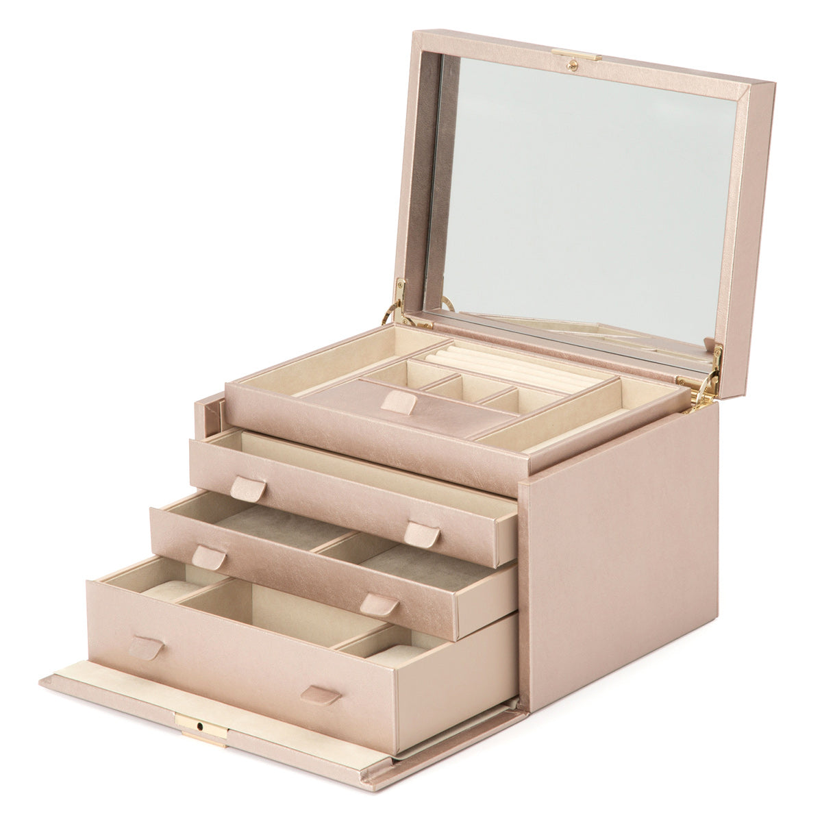 The WOLF 1834 Palermo Large Jewellery Box showcases stylish gold recessed locks and an open lid with a mirror. Inside, it includes multiple compartments and drawers equipped with LusterLoc anti-tarnish lining for ideal organization of your jewelry collection.