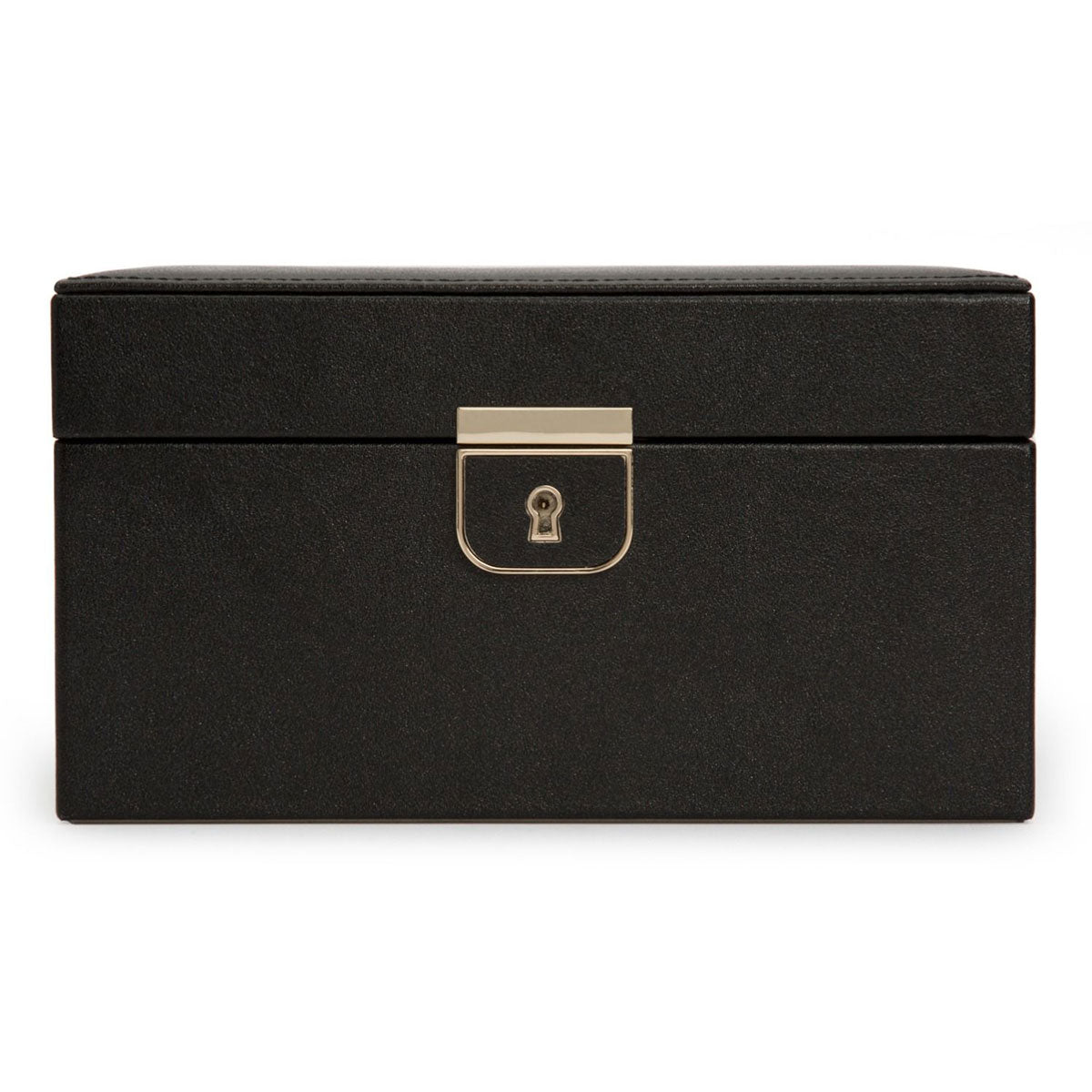 The WOLF 1834 Palermo Small Black Anthracite Jewellery Box is a sleek black rectangular piece featuring a closed lid and a metal lock. Its smooth texture enhances its simple, elegant design, while the anti-tarnish lining inside preserves your treasures flawlessly.