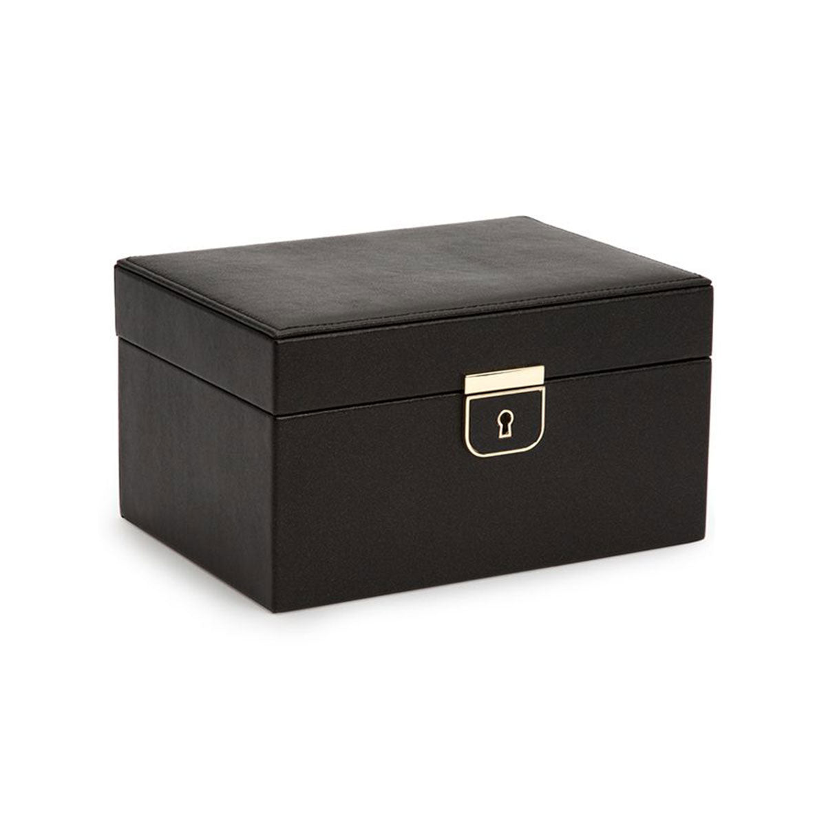 The WOLF 1834 Palermo Small Black Anthracite Jewellery Box is a sleek black rectangular case with a smooth surface and a gold-colored lock at the front. Featuring an anti-tarnish lining, it sits elegantly against a plain white background, ensuring your treasures stay pristine.