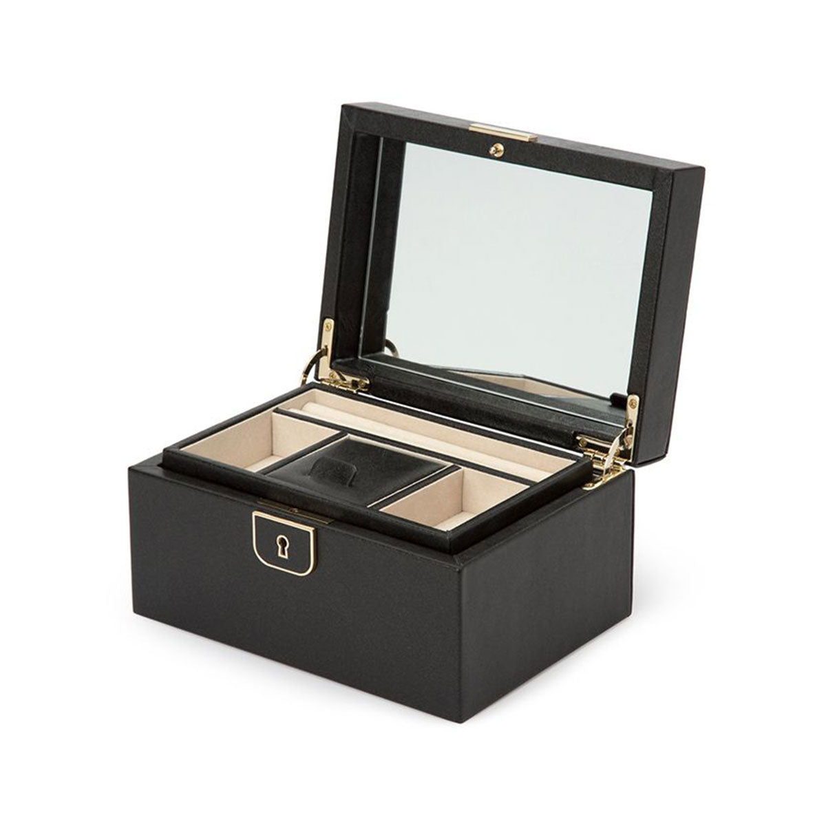 The WOLF 1834 Palermo Small Black Anthracite Jewellery Box boasts a hinged lid that opens to reveal a beige, anti-tarnish lining with multiple compartments. A mirror adorns the inside of the lid, enhanced by gold accents and a secure front lock.