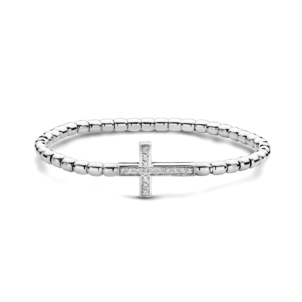 The Hulchi Belluni 18K White Gold Diamond Bracelet features a silver beaded band with a centered cross charm set with round brilliant diamonds totaling 0.21 CTW, combining elegance and sparkle in one standout piece.