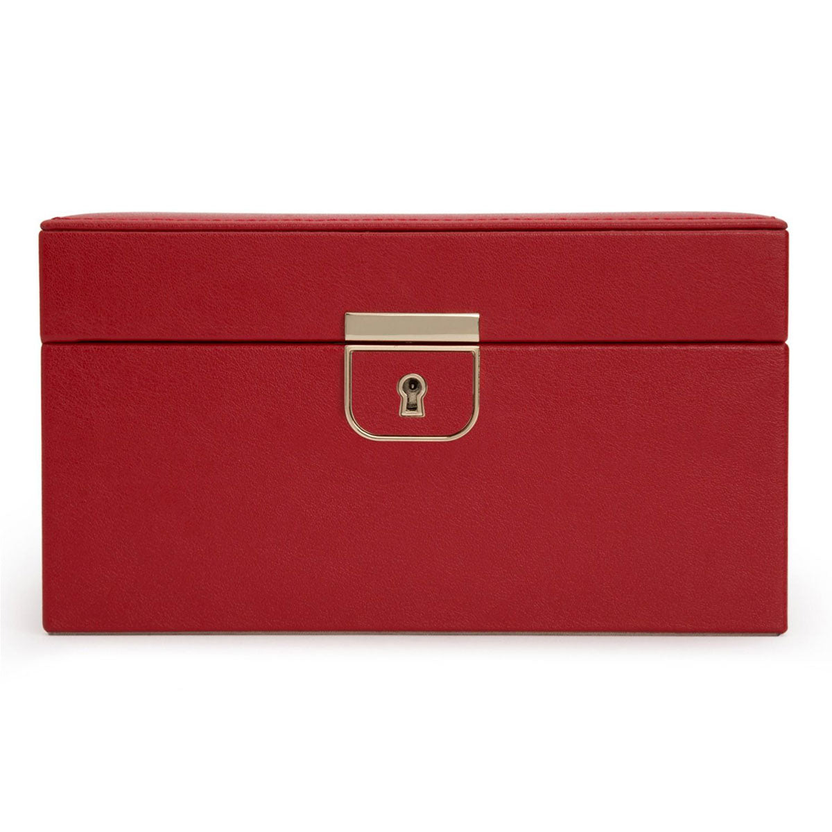 The WOLF 1834 Palermo Small Red Jewellery Box from WOLF showcases a rectangular design in red leather, complete with a gold-toned lock on the front.