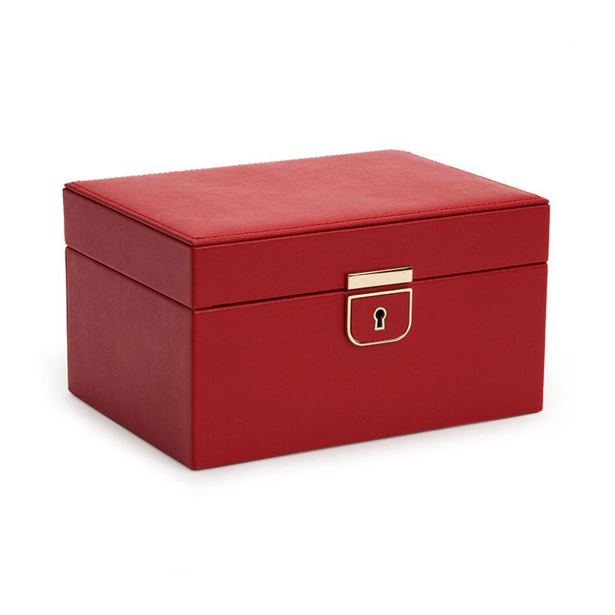 The WOLF 1834 Palermo Small Red Jewellery Box is a closed rectangular piece crafted from red leather, featuring a smooth finish and a gold latch at the front. It includes an anti-tarnish lining and is displayed against a plain white background.