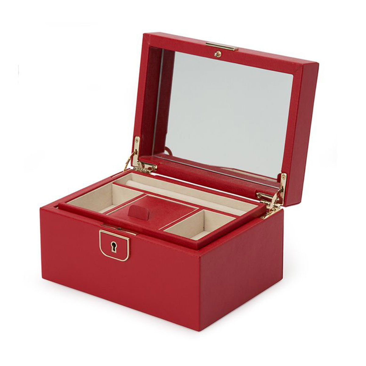 The WOLF 1834 Palermo Small Red Jewellery Box opens to unveil multiple compartments perfect for storing your treasures. Its interior is fitted with an anti-tarnish lining, while the exterior includes a keyhole for secure locking. Plus, it has a mirror inside the lid.