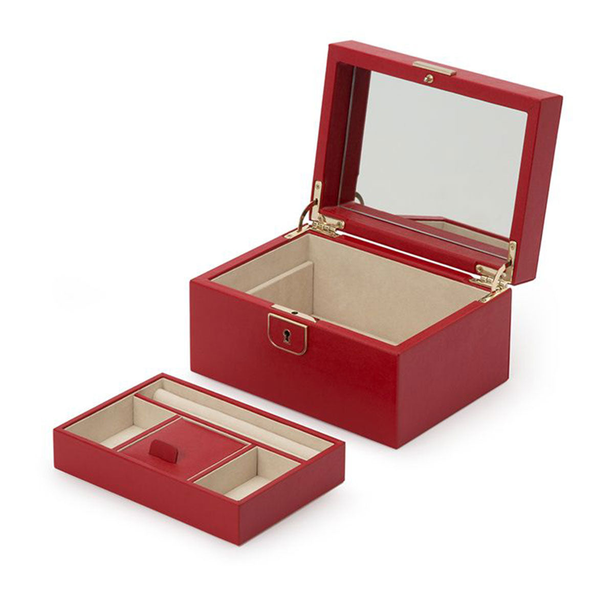 Introducing the WOLF 1834 Palermo Small Red Jewellery Box by WOLF, featuring a hinged lid with an interior mirror. The interior is lined with anti-tarnish beige fabric and includes a removable tray with compartments to help organize your jewelry.