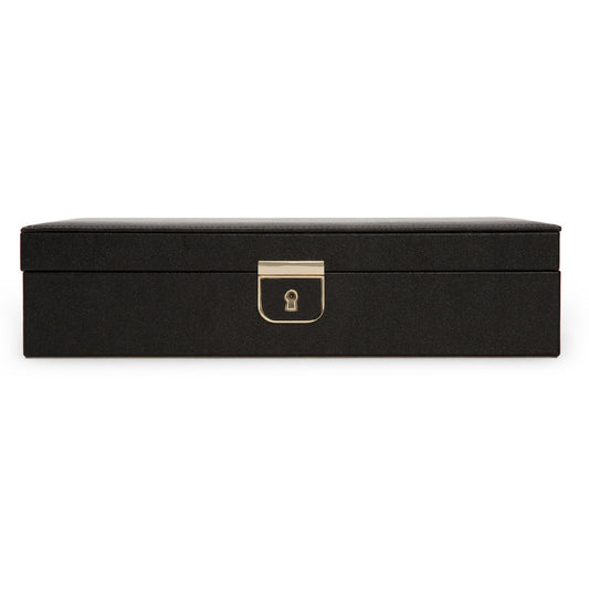 The WOLF 1834 Palermo Medium Jewellery Box is a closed, rectangular black box with a stylish gold recessed lock on the front. Its smooth texture makes it ideal for securely storing items. The minimalistic design offers a sleek and sophisticated appearance, making it perfect for any setting.