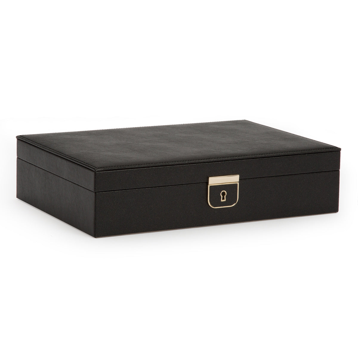 A WOLF 1834 Palermo Medium Jewellery Box, featuring a sleek black finish and stylish gold recessed locks, is displayed against a simple white background.