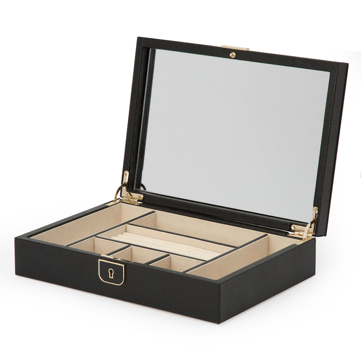 The WOLF 1834 Palermo Medium Jewellery Box is an elegant black accessory featuring sophisticated gold recessed locks and a glass lid. Its beige interior includes multiple compartments for jewelry organization and is enhanced with LusterLoc anti-tarnish lining.