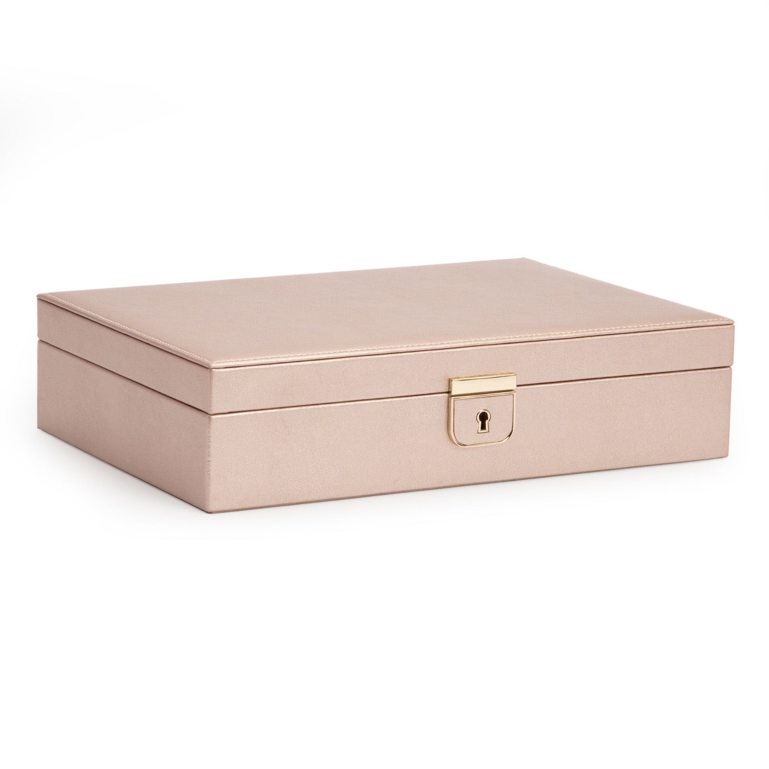 The WOLF 1834 Palermo Medium Jewellery Box, in a closed rectangular shape with a beige exterior and a sleek surface, showcases a gold-colored lock on the front. It features advanced anti-tarnish protection for your precious items with its LusterLoc™ technology, elegantly resting against a plain white background.