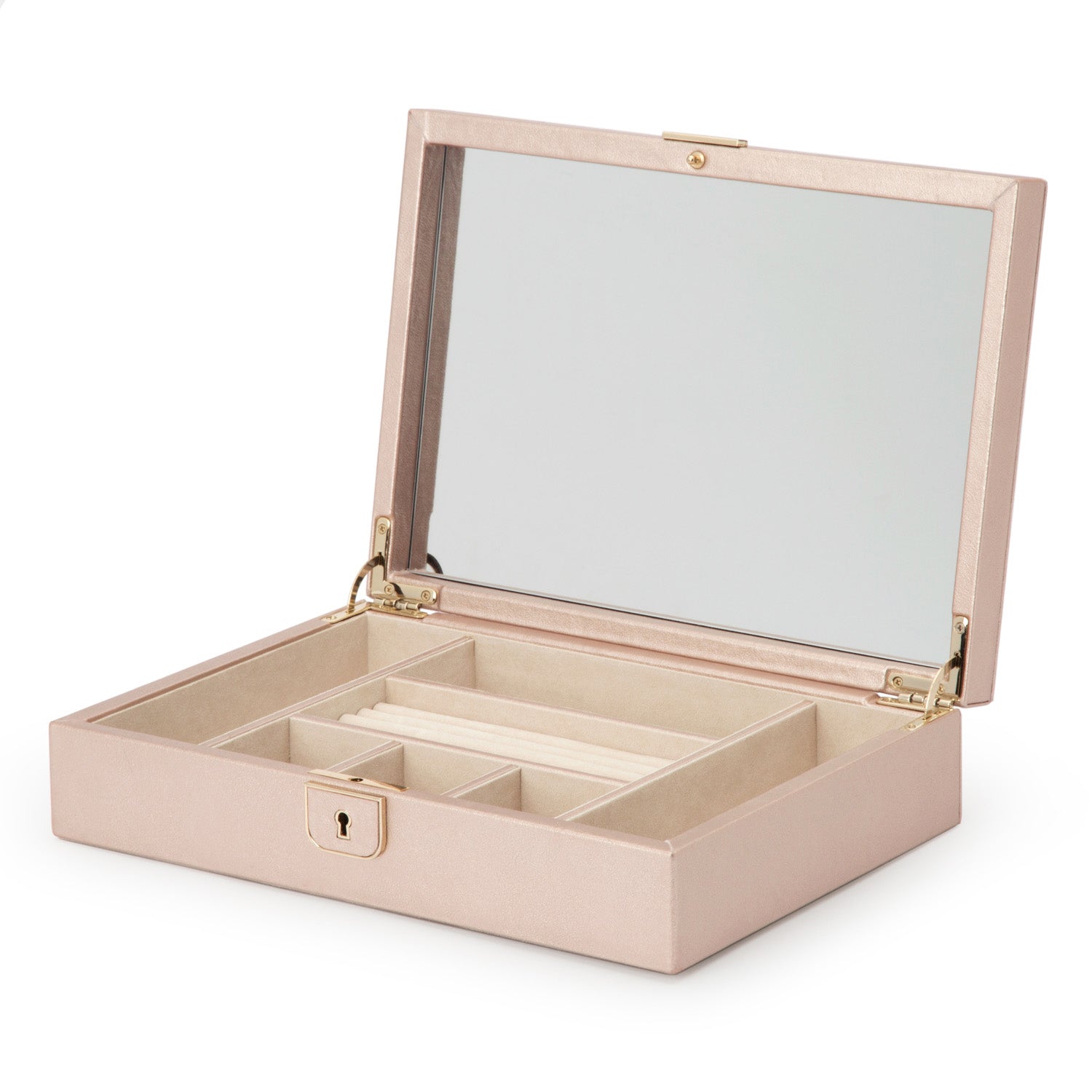 The WOLF 1834 Palermo Medium Jewellery Box, in a beige finish, opens to reveal a spacious mirror inside. Crafted for optimal jewelry storage, it includes various compartments and an anti-tarnish lined interior to maintain the pristine condition of your pieces. A small lock on the front ensures your valuables are securely protected.