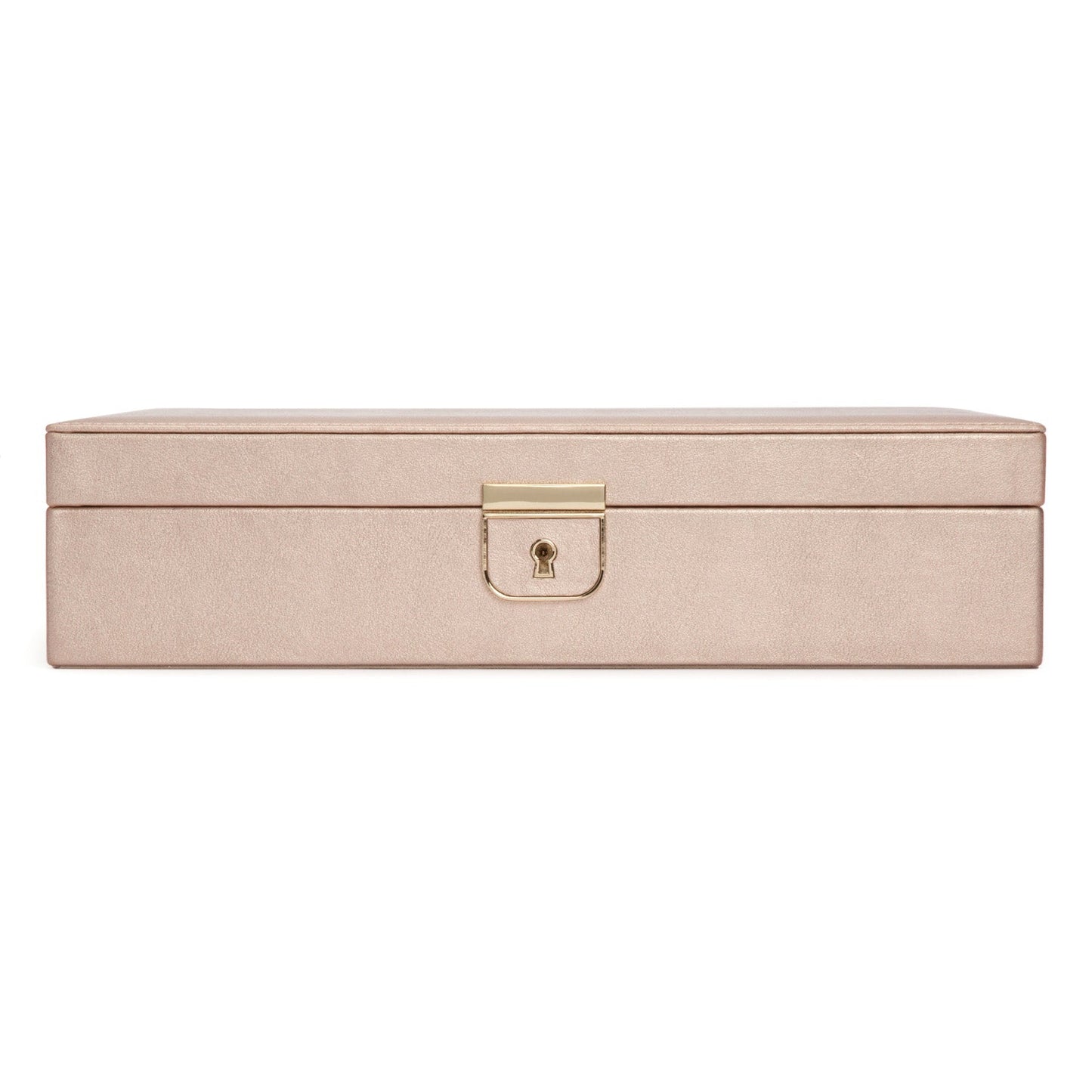 The WOLF 1834 Palermo Medium Jewellery Box, crafted by the brand WOLF, features a beige rectangular design with a gold-colored lock clasp on the front, showcasing a smooth matte finish. Its minimalist appearance cleverly incorporates anti-tarnish properties to elevate jewelry storage, ensuring your treasures remain as lustrous as the day you stored them.