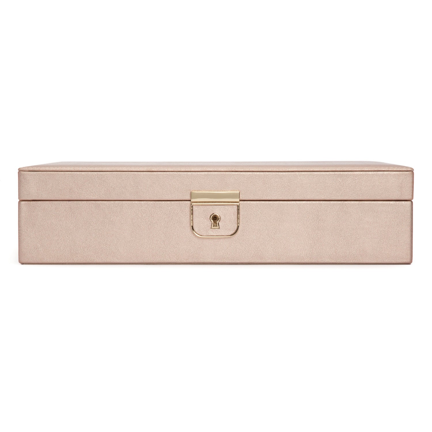 The WOLF 1834 Palermo Medium Jewellery Box, crafted by the brand WOLF, features a beige rectangular design with a gold-colored lock clasp on the front, showcasing a smooth matte finish. Its minimalist appearance cleverly incorporates anti-tarnish properties to elevate jewelry storage, ensuring your treasures remain as lustrous as the day you stored them.