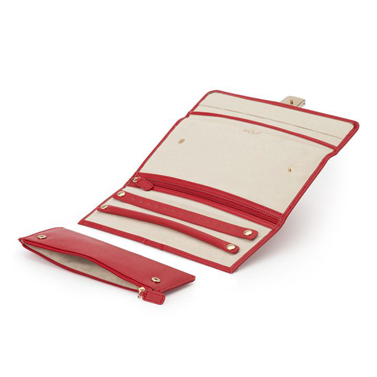 Introducing the WOLF 1834 Palermo Jewellery Roll by WOLF, crafted with red leather and a beige interior for optimal travel storage. It incorporates LusterLoc anti-tarnish technology and offers multiple compartments, a zipper pocket, and a detachable pouch. The open roll showcases card slots and snap closures for easy organization.