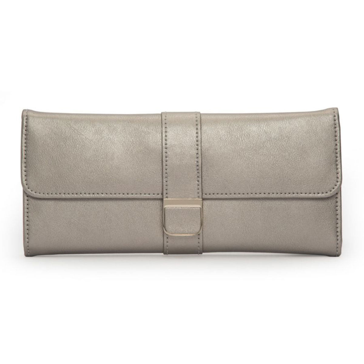 The WOLF 1834 Palermo Jewellery Roll by WOLF is a sophisticated, beige leather accessory designed in a rectangular shape. It includes a front flap that is elegantly secured by a strap with a metal clasp, and features an anti-tarnish lining. With its smooth texture and minimalist design, it's perfect for storing jewelry while traveling.