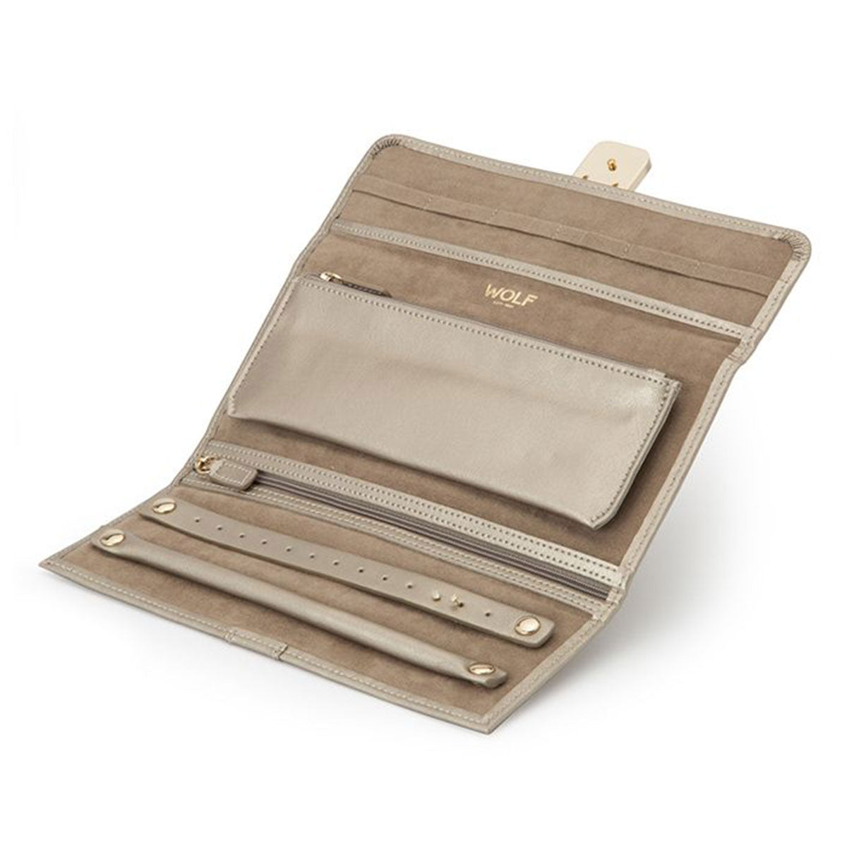 The WOLF 1834 Palermo Jewellery Roll by WOLF is a beige travel organizer crafted with a leather exterior and multiple compartments. When opened flat, it includes slots for rings, a zippered pocket, and space for necklaces or bracelets. Its anti-tarnish lining ensures your jewelry remains pristine while traveling.