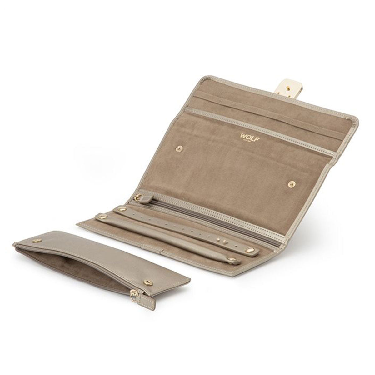 The WOLF 1834 Palermo Jewellery Roll, crafted in beige leather, is displayed open to reveal its multiple compartments designed for travel storage. It includes a removable zipped section for additional space and features an interior with a soft anti-tarnish lining to safeguard your jewelry.