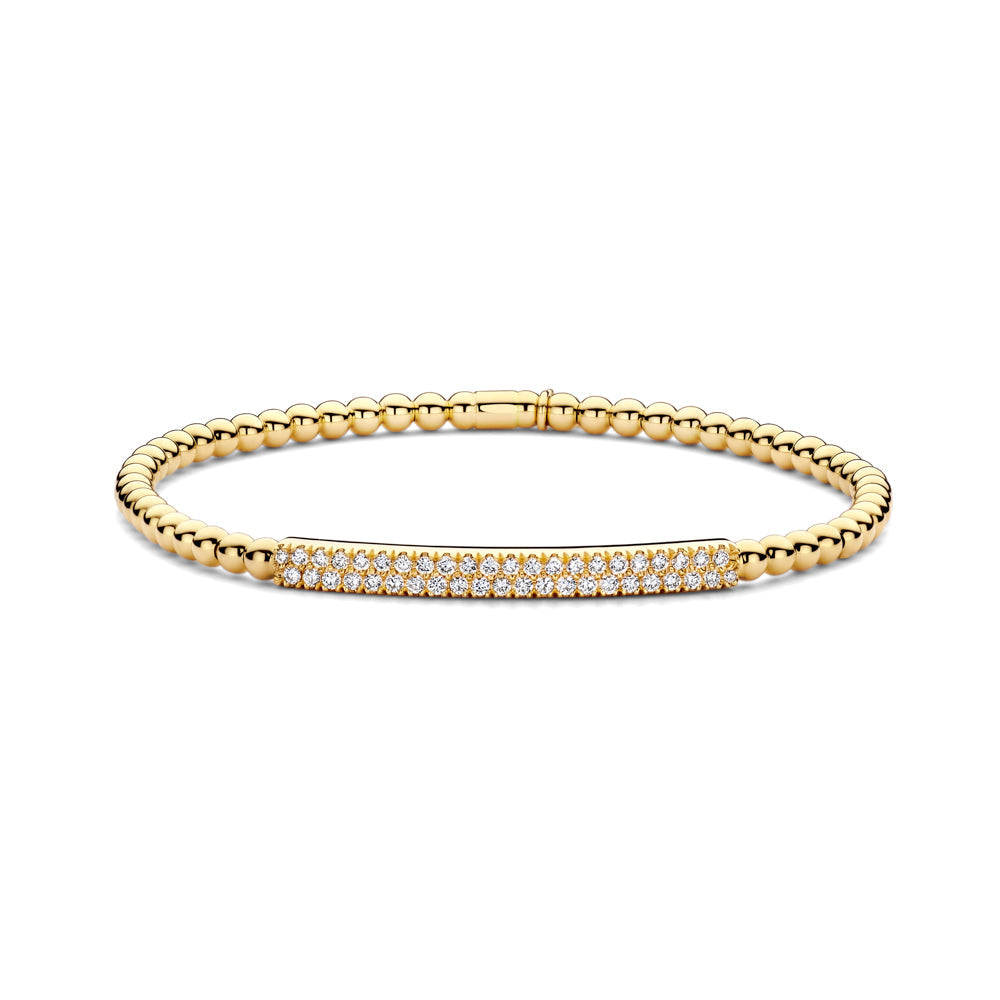 The Hulchi Belluni 18K Yellow Gold Diamond Bracelet features a gold beaded design with a rectangular bar set with 0.41 CTW Round Brilliant Diamonds, shown on a white background.