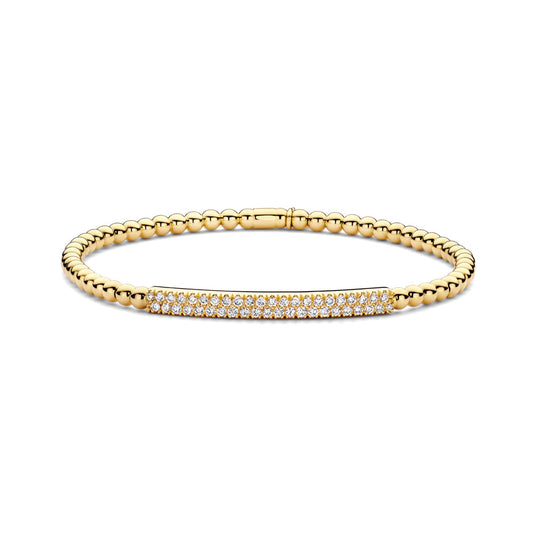 The Hulchi Belluni 18K Yellow Gold Diamond Bracelet features a gold beaded design with a rectangular bar set with 0.41 CTW Round Brilliant Diamonds, shown on a white background.