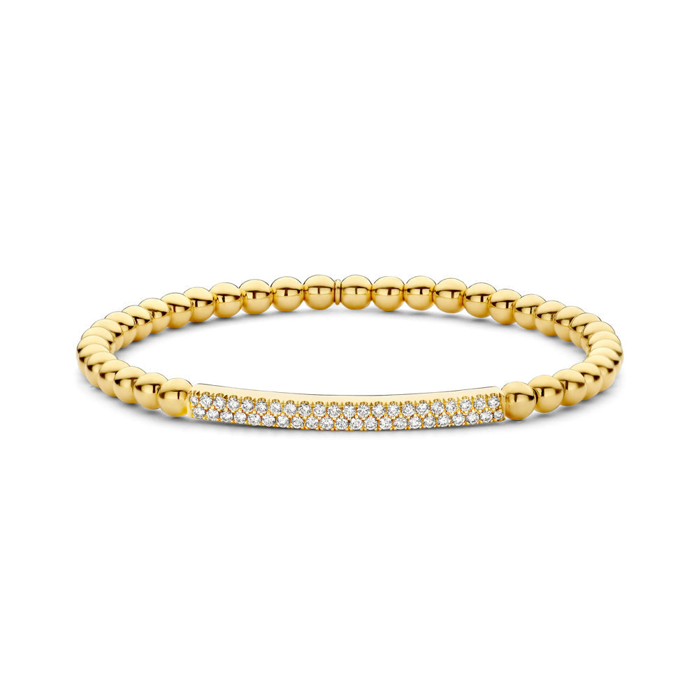 The Hulchi Belluni 18K Yellow Gold Diamond Bracelet features a gold beaded design and a curved bar centerpiece set with round brilliant diamonds (0.41 CTW), shown against a plain white background.