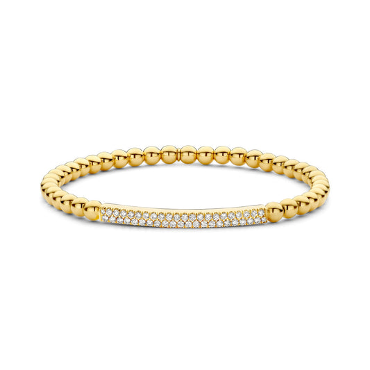The Hulchi Belluni 18K Yellow Gold Diamond Bracelet features a gold beaded design and a curved bar centerpiece set with round brilliant diamonds (0.41 CTW), shown against a plain white background.
