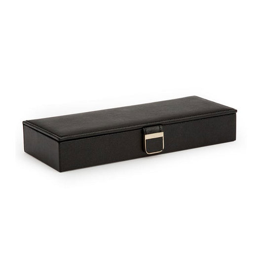 The WOLF 1834 Palermo Safe Deposit Box, a sleek black rectangular leather case from WOLF, features a simple metal clasp on the front and is lined with LusterLoc anti-tarnish material, set against a plain white background.