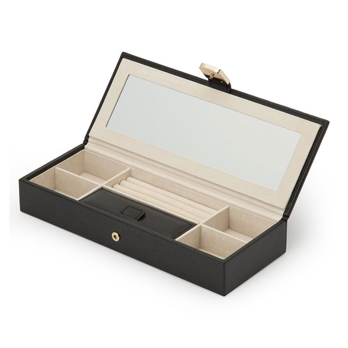 The WOLF 1834 Palermo Safe Deposit Box, made by WOLF, is crafted in black leather with a hinged lid that opens to showcase a beige interior lined with LusterLoc anti-tarnish material. It includes various compartments for organizing rings and other accessories, and features a small rectangular mirror inside the lid.